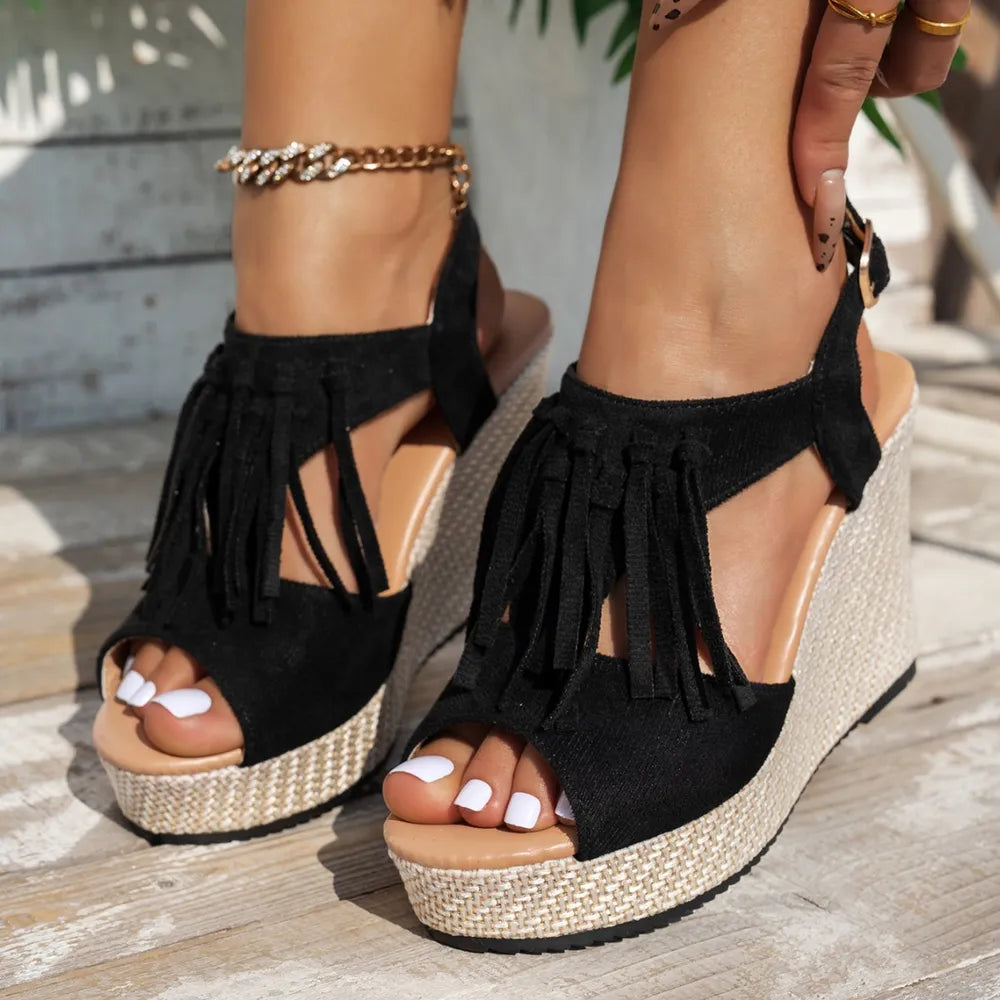 Sandali con zeppa Peep Toe con frange