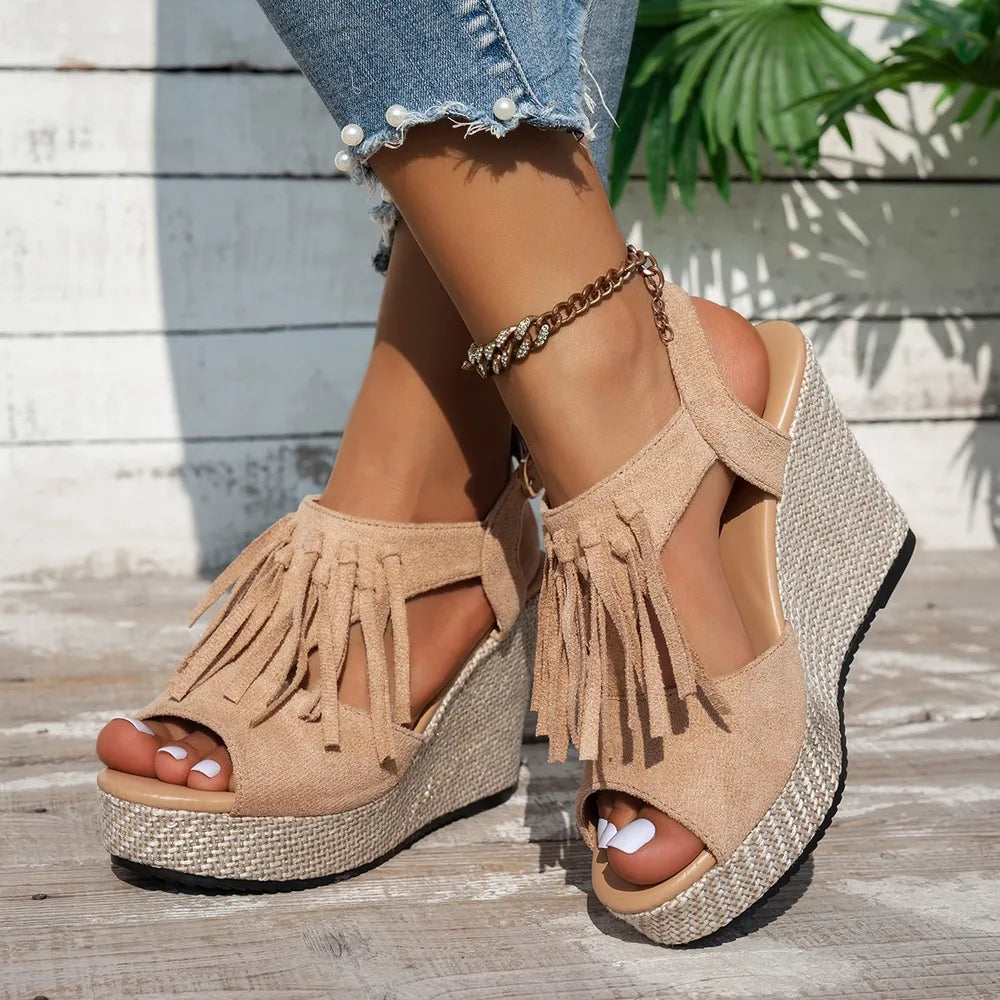 Sandali con zeppa Peep Toe con frange