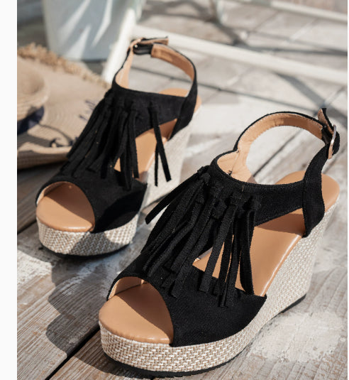 Sandali con zeppa Peep Toe con frange